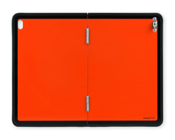 Oranges Schild mit schwarzem Rand und Kantenschutz vertikal klappbar Drehwirbel oben
