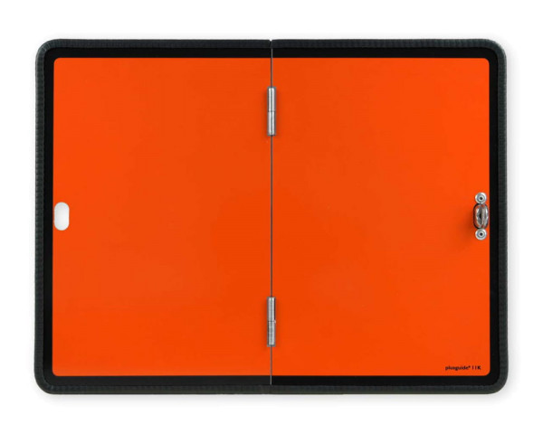Oranges Schild mit schwarzem Rand und Kantenschutz vertikal klappbar Drehwirbel mittig