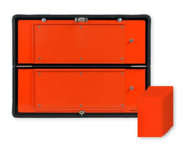 Oranges Schild mit schwarzem Rand und Kantenschutz horizontal klappbar mit 8 Leerfeldern