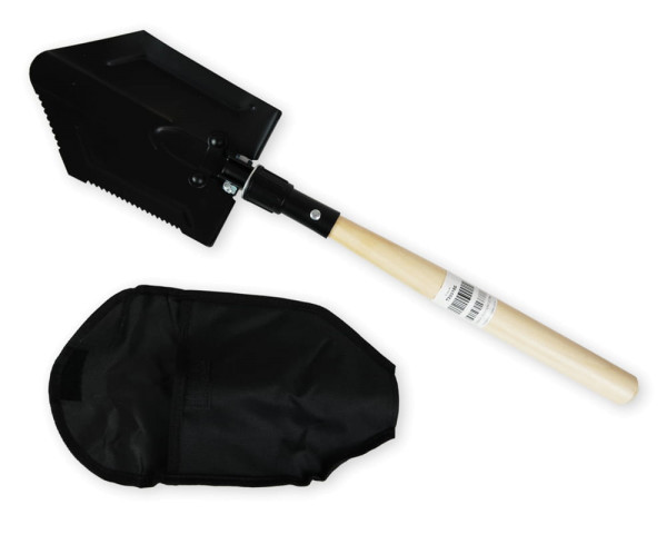 Klappspaten aus Metall mit Holzstiel und Schutztasche