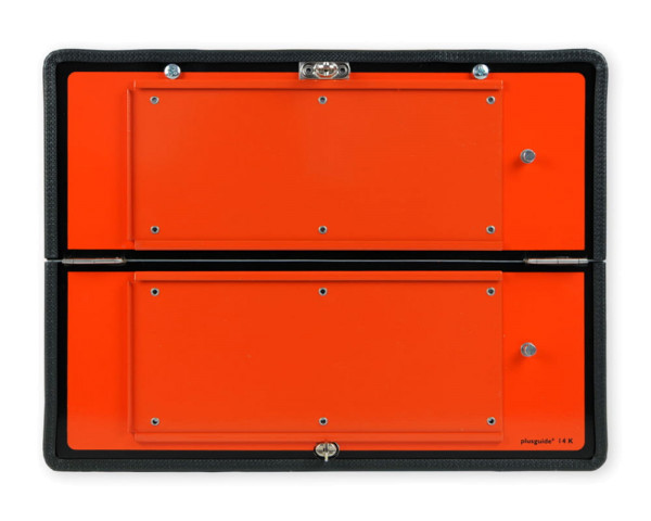 Oranges Schild mit schwarzem Rand und Kantenschutz horizontal klappbar