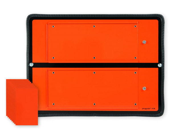 Oranges Schild mit schwarzem Rand, schwarzer Mittellinie und Kantenschutz starr mit 8 Leerfeldern