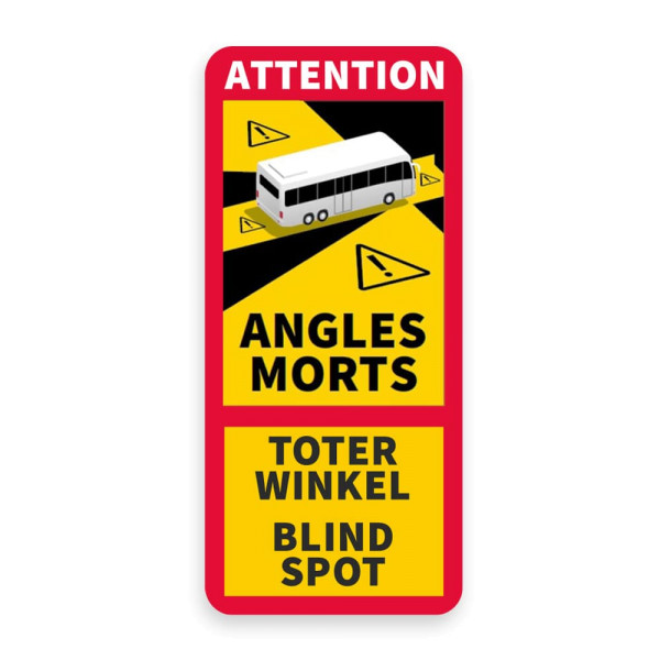 rechteckiges Schild roter Rahmen weißer Aufdruck Attention schwarzer Aufdruck Angles Morts