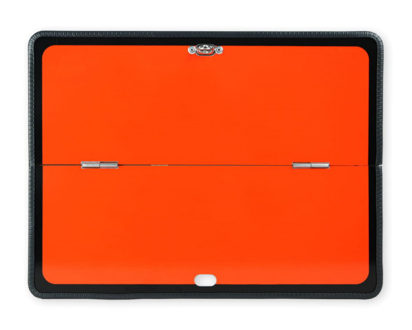 Oranges Schild mit schwarzem Rand und Kantenschutz horizontal klappbar