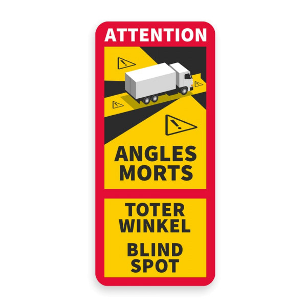 rechteckiges Schild roter Rahmen weißer Aufdruck Attention schwarzer Aufdruck Angles Morts