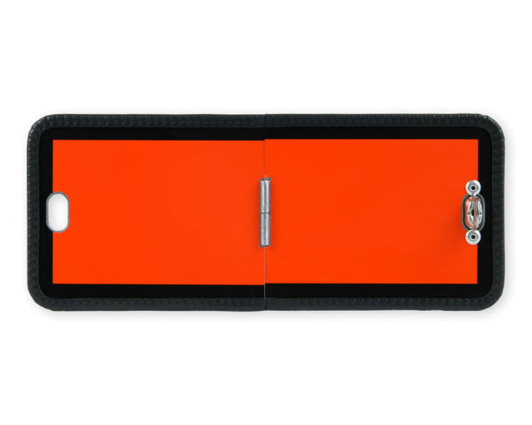Oranges Schild mit schwarzem Rand und Kantenschutz vertikal klappbar Drehwirbel mittig